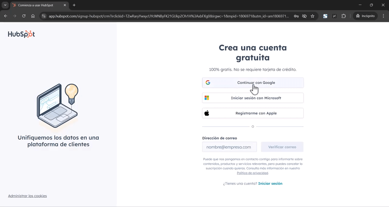 crear cuenta hubspot