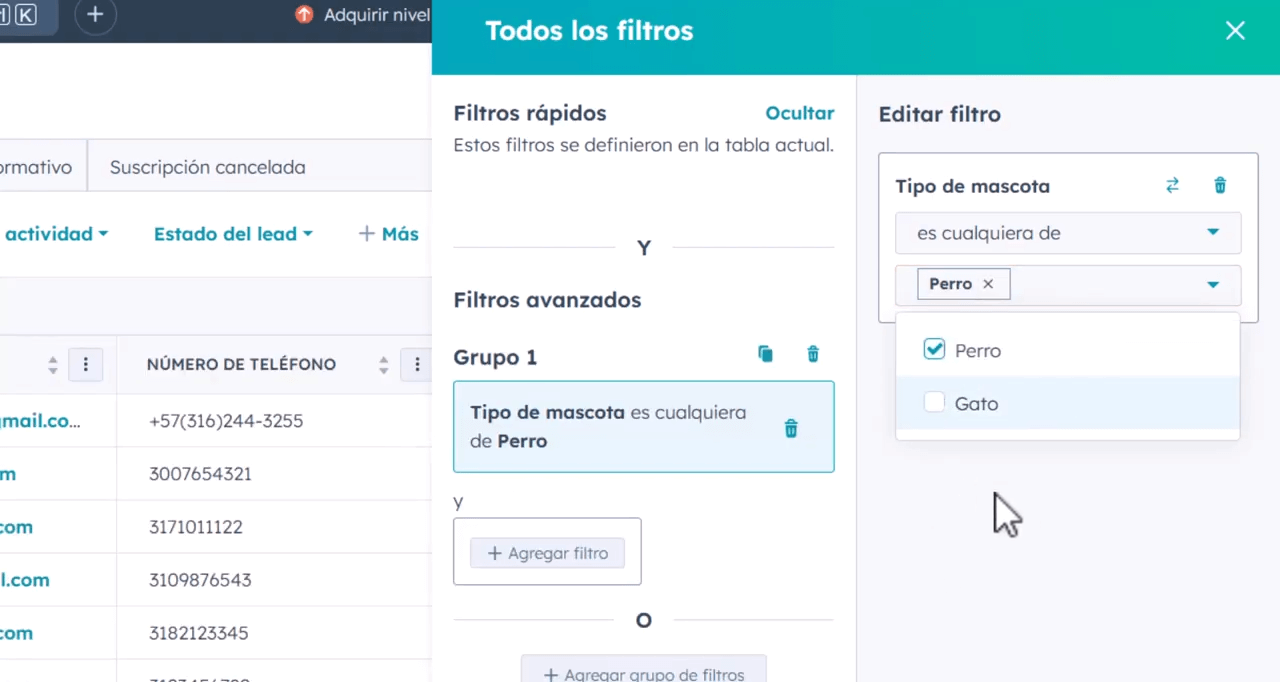 filtros de contactos