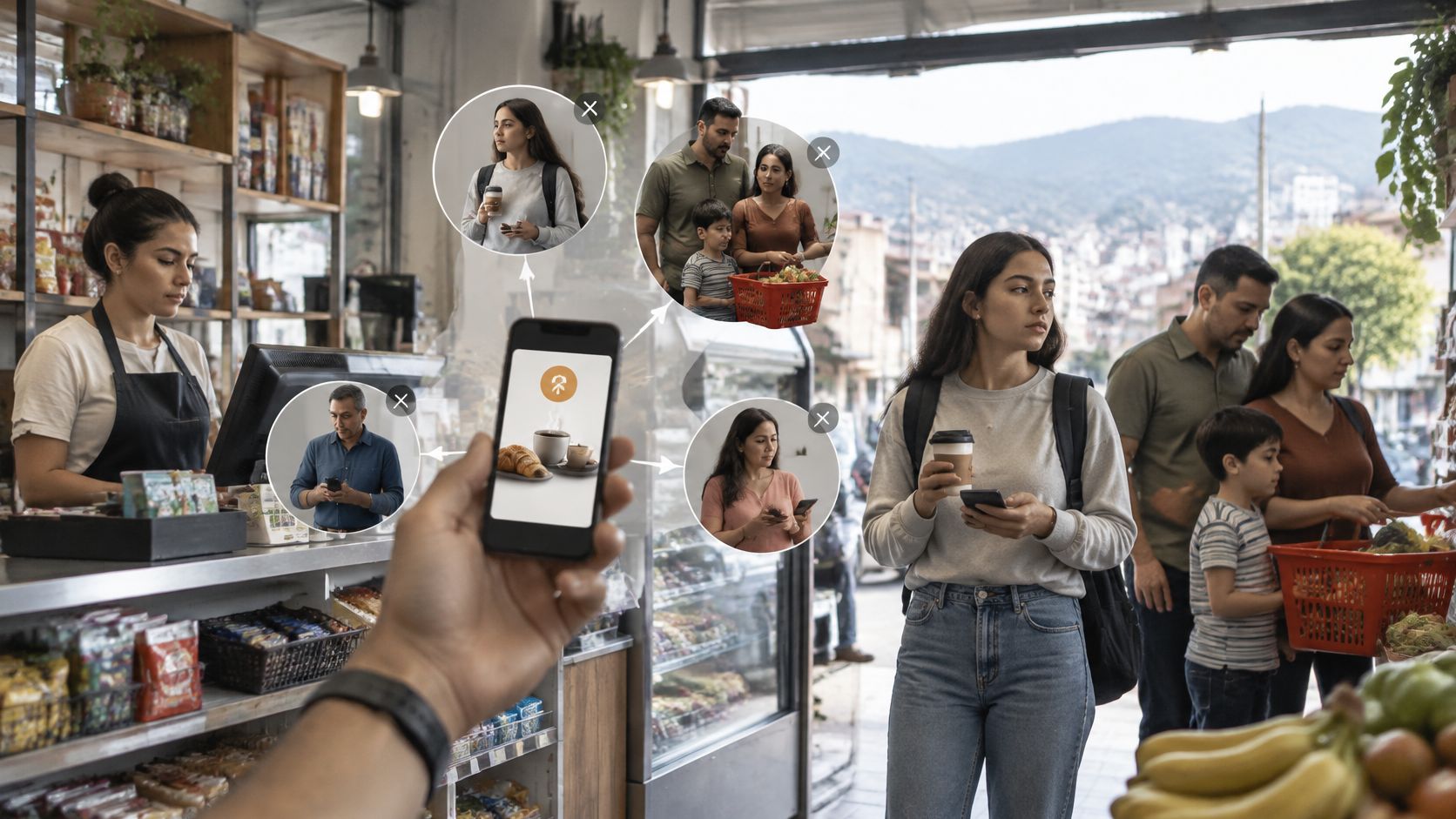 Persona usando tecnología móvil para analizar perfiles de clientes en una tienda de comestibles local.