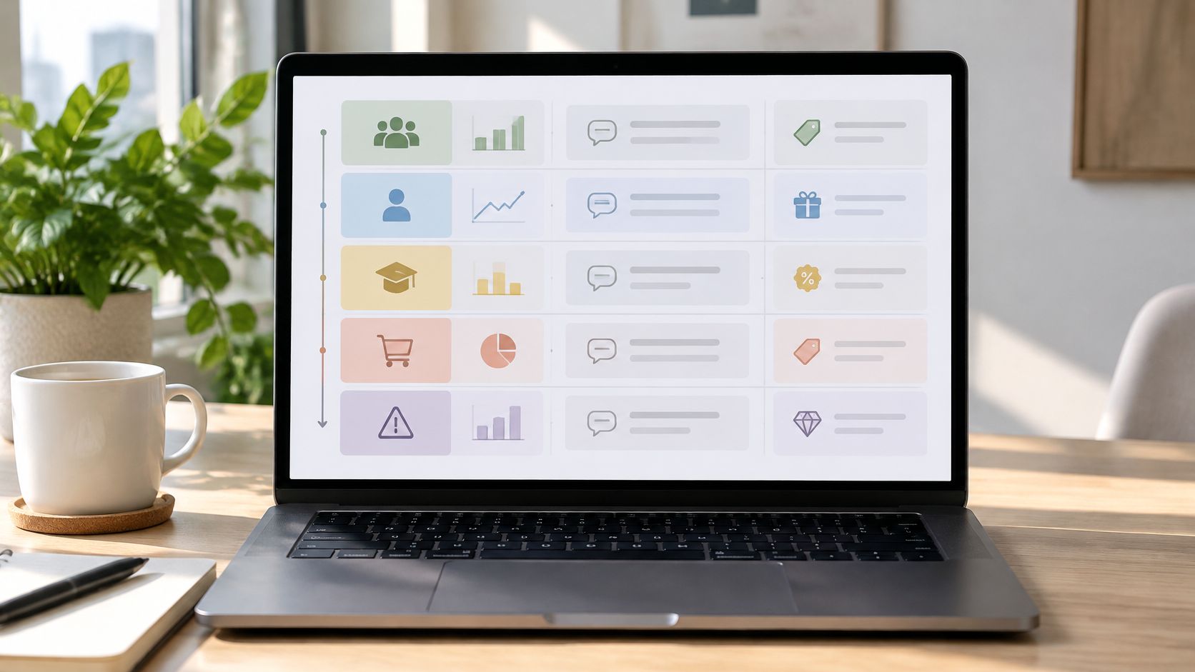 Una computadora portátil mostrando una infografía con iconos sobre segmentación de clientes en una oficina iluminada.