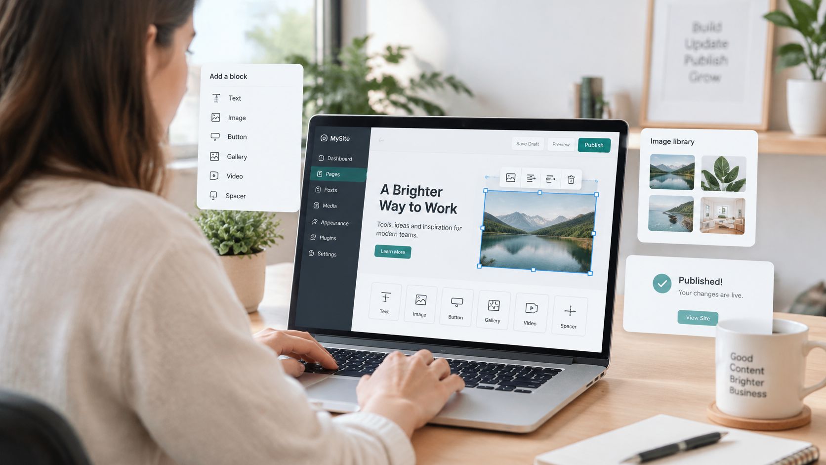 Una persona trabajando en la creación de un sitio web utilizando una plataforma de gestión de contenidos.