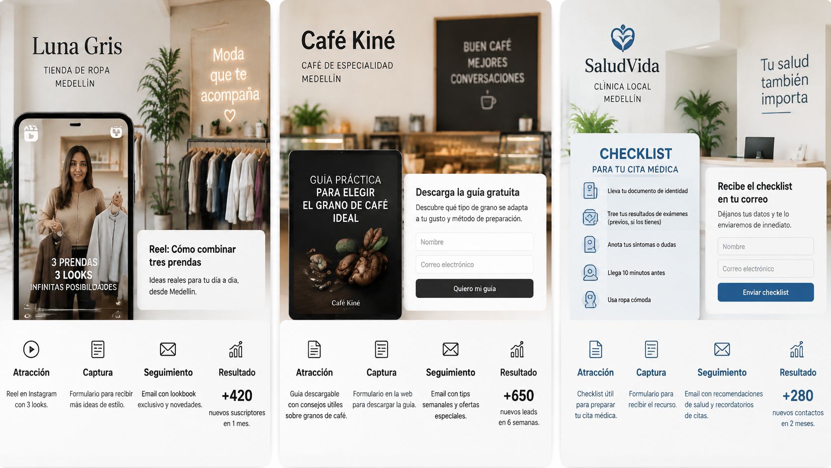 Tres ejemplos visuales de estrategias de inbound marketing para diferentes negocios locales en Medellín, Colombia.